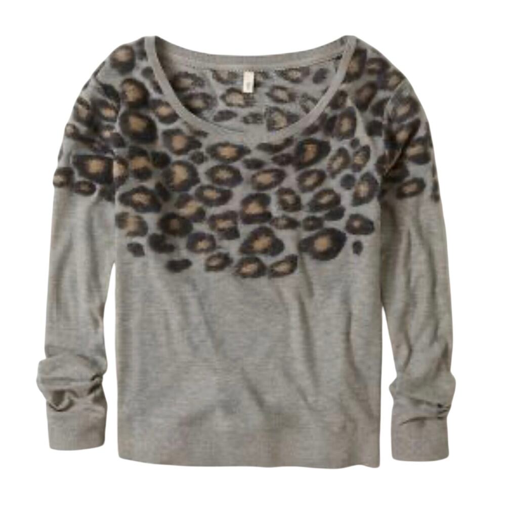 ANTHRO Moth Ladies sweater, gray, embellished animal print, boatneck, cotton, XS